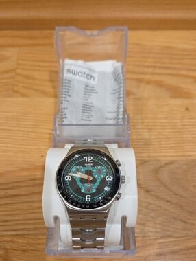New Swatch Men's Silver Stainless Steel Watch with Black N Green Dial